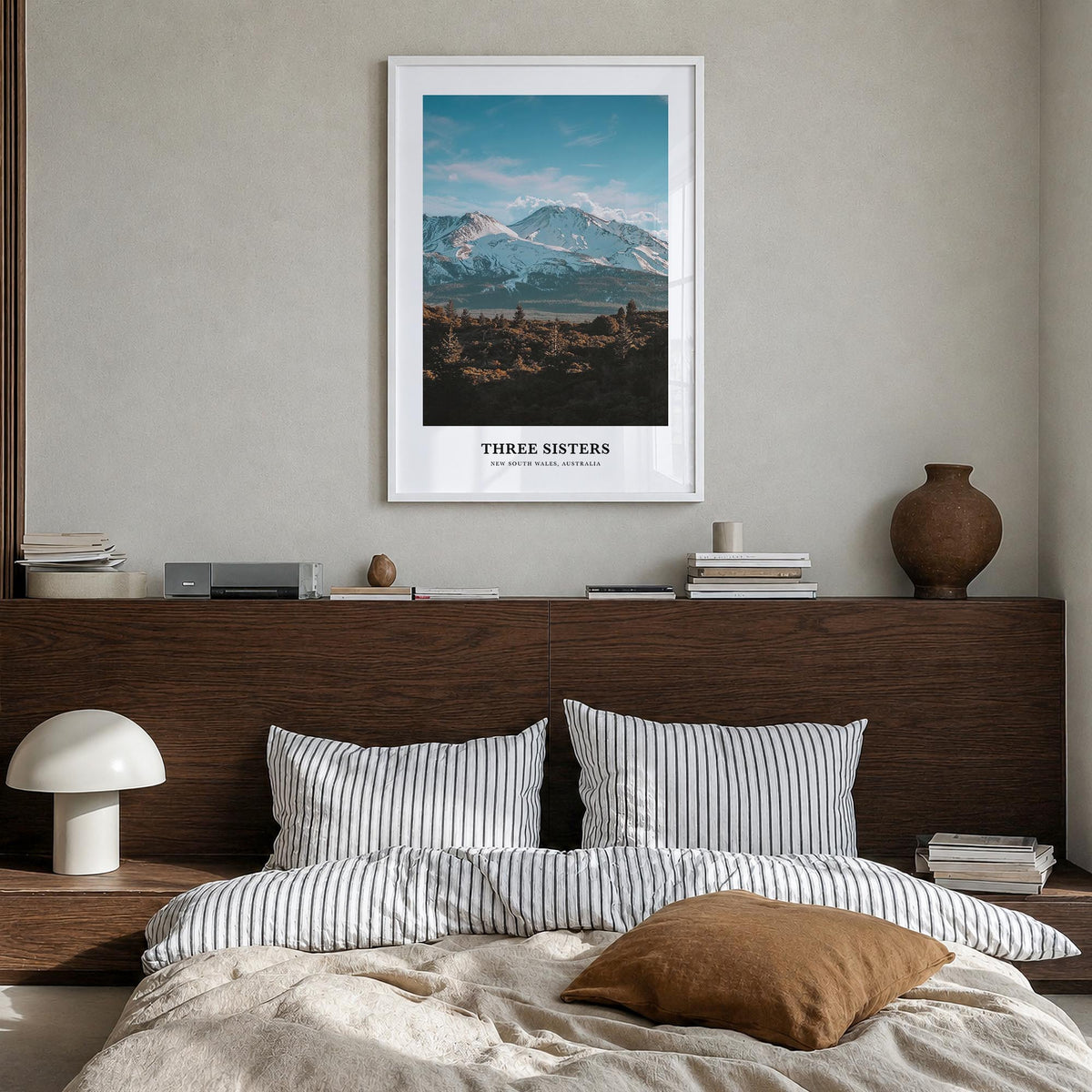 Three Sisters colorful classic poster of Oregon, USA – vertical wall art in white wood frame, hanging on wall
