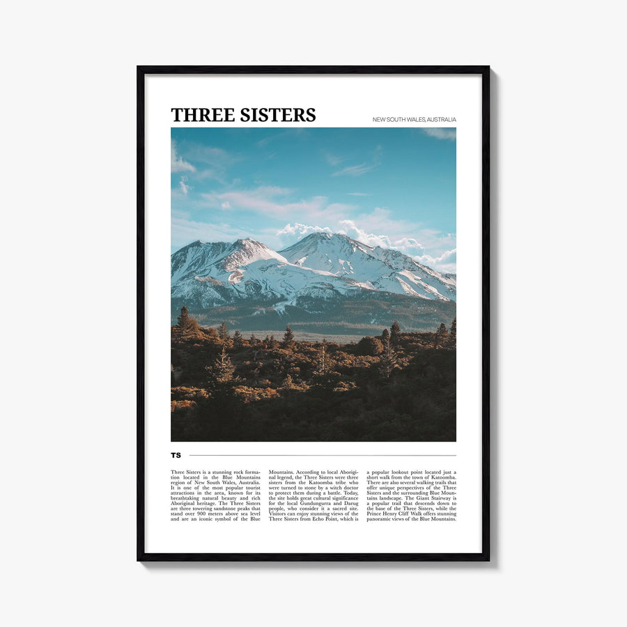 Three Sisters colorful travel poster of Oregon, USA – vertical wall art, unframed print shown in interior mockup