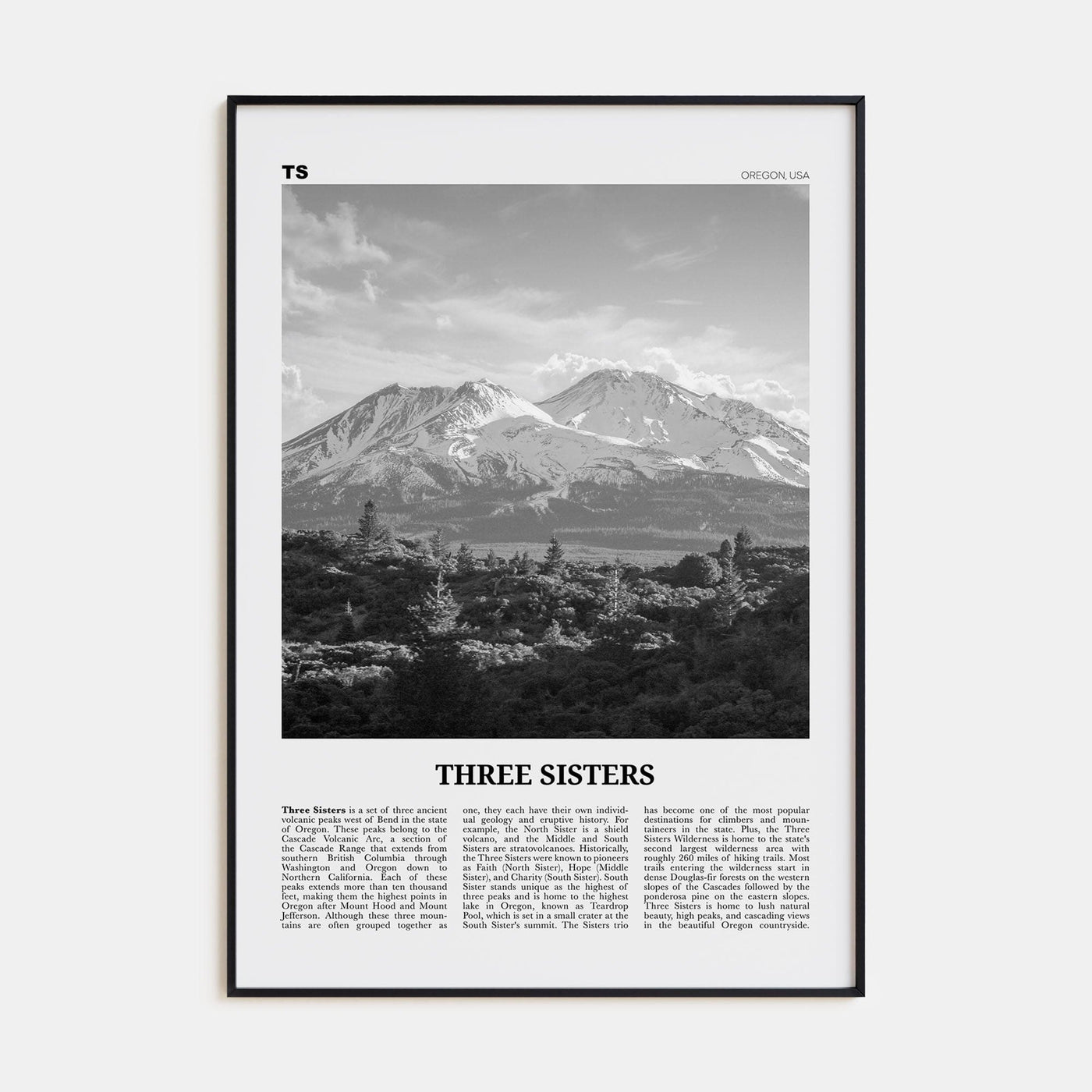 Three Sisters Poster Black Metal / 8x12 in Nbourhood Travel B&W Poster