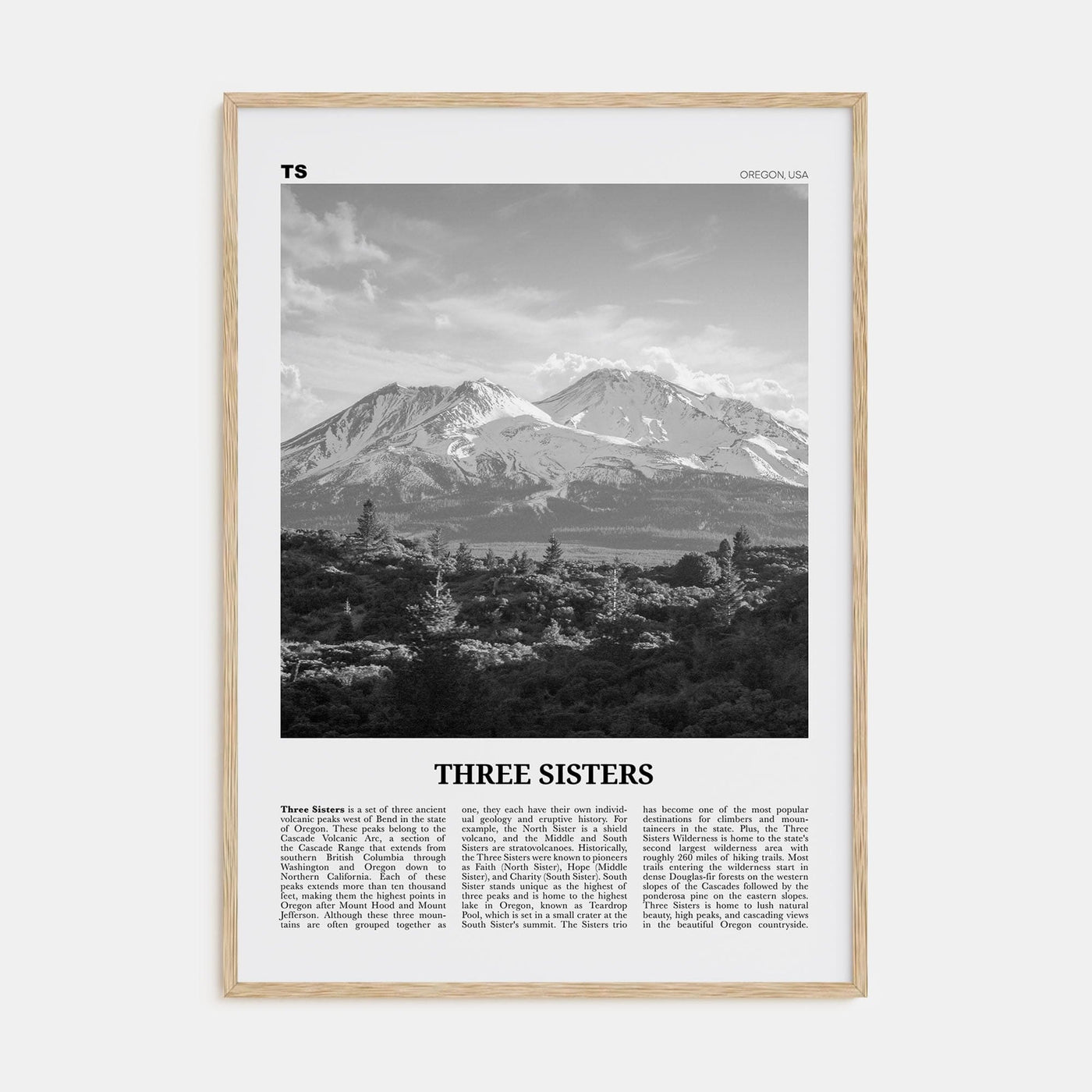 Three Sisters Poster Natural Wood / 8x12 in Nbourhood Travel B&W Poster