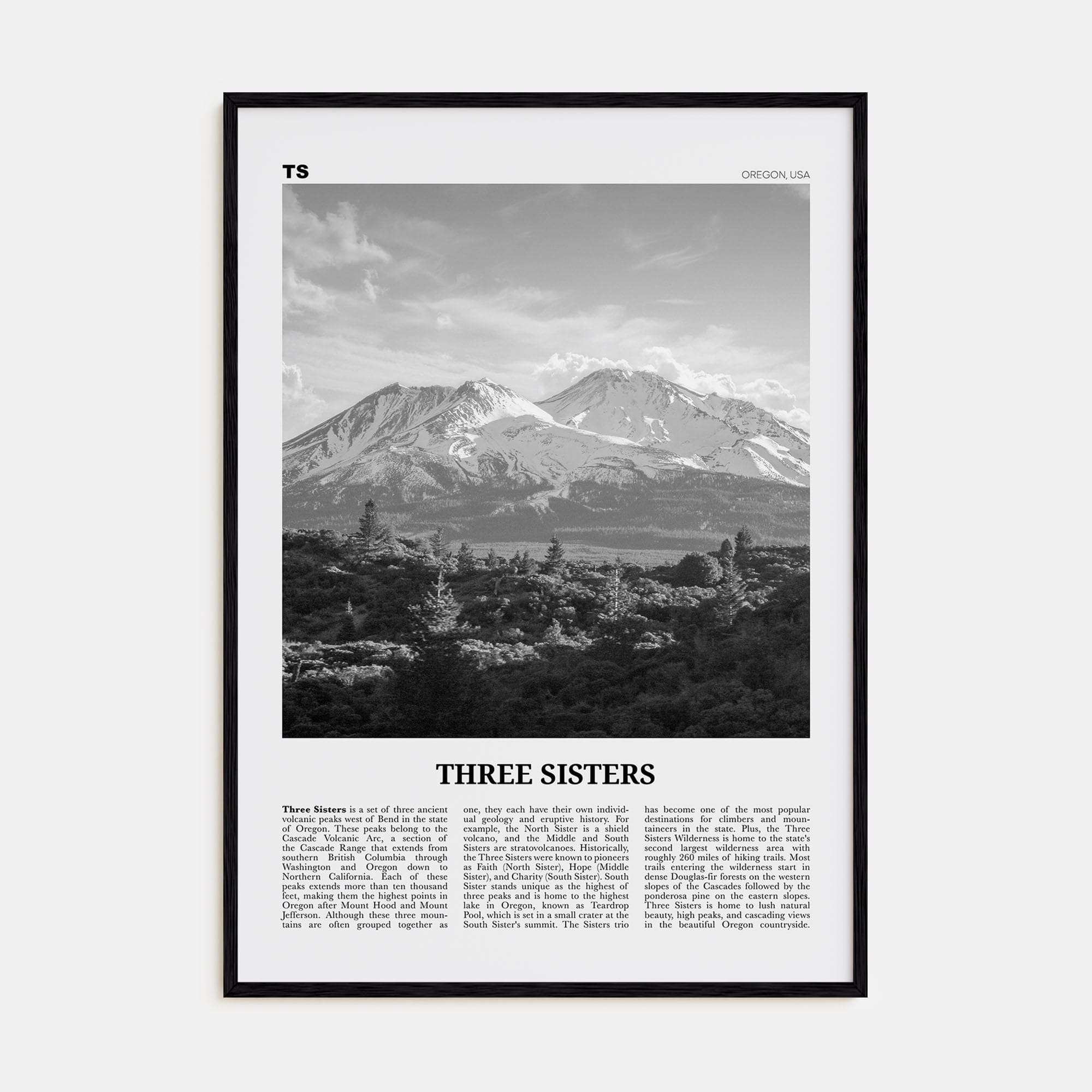 Three Sisters Poster Black Wood / 8x12 in Nbourhood Travel B&W Poster