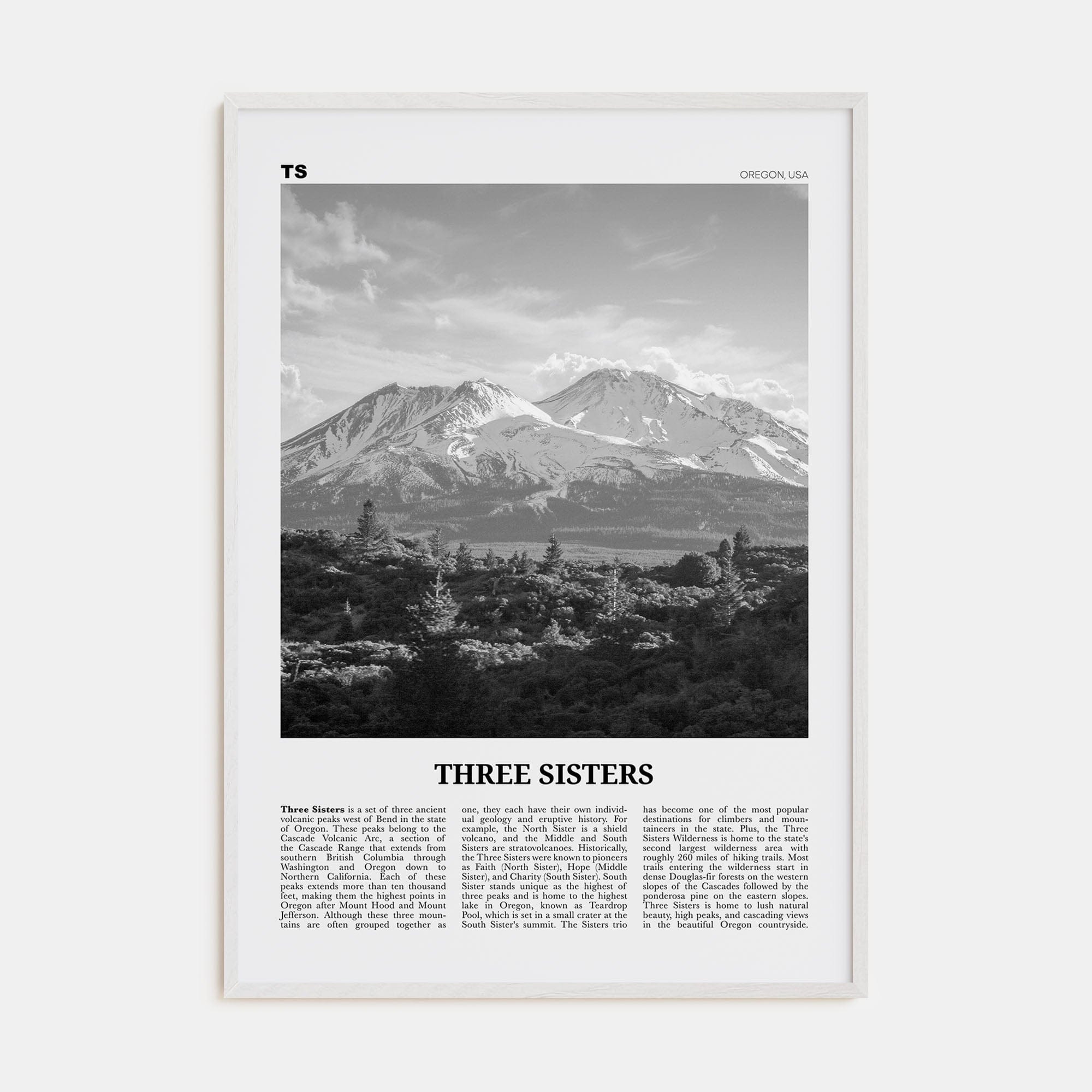 Three Sisters Poster White Wood / 8x12 in Nbourhood Travel B&W Poster