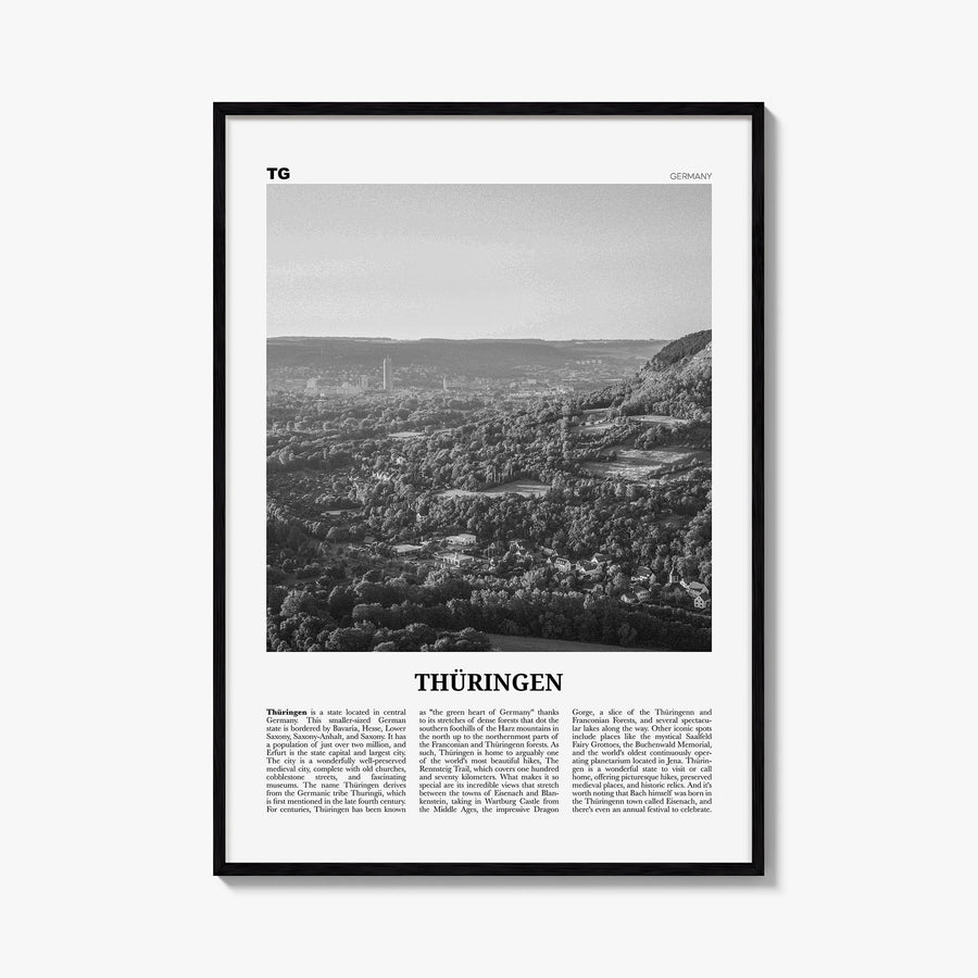 Thüringen black & white newspaper poster of Germany – vertical wall art, unframed print shown in interior mockup