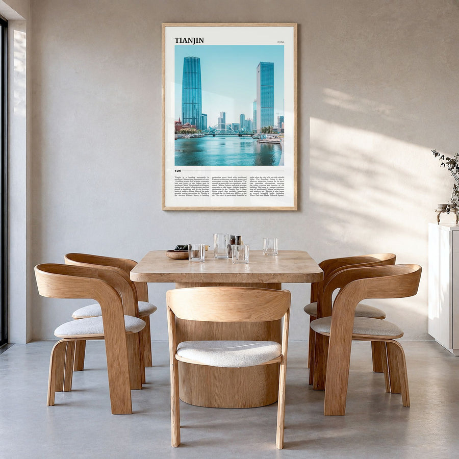 Tianjin Travel Poster in a natural wood frame, hanging in a dining room