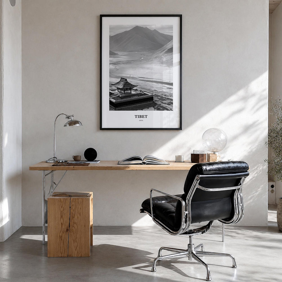 Tibet black & white classic poster of China – vertical wall art in black wood frame, hanging on wall