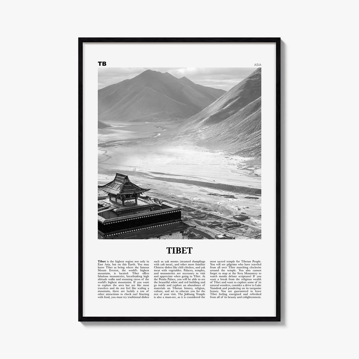 Tibet black & white newspaper poster of China – vertical wall art, unframed print shown in interior mockup