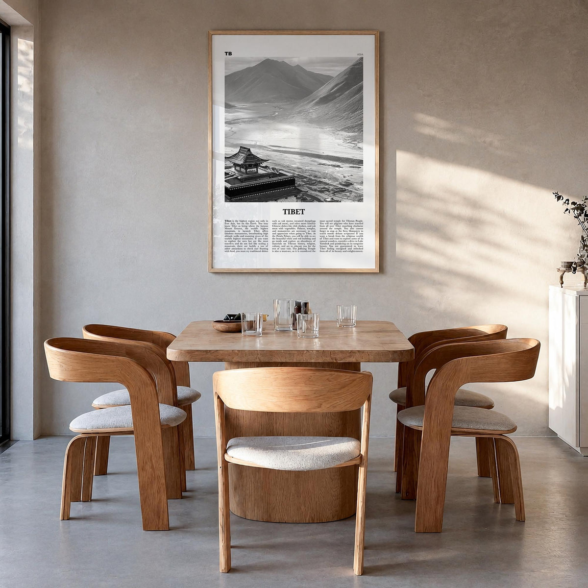 Tibet black & white newspaper poster of China – vertical wall art in natural wood frame, hanging on wall