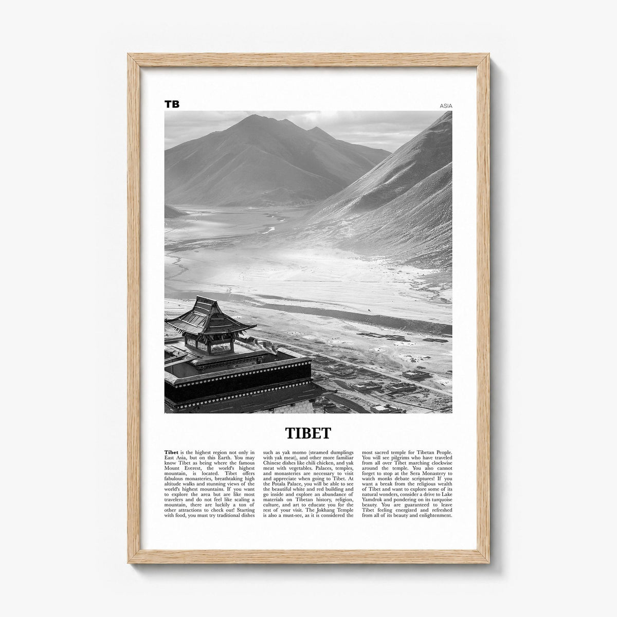 Tibet Newspaper Poster in a natural wood frame