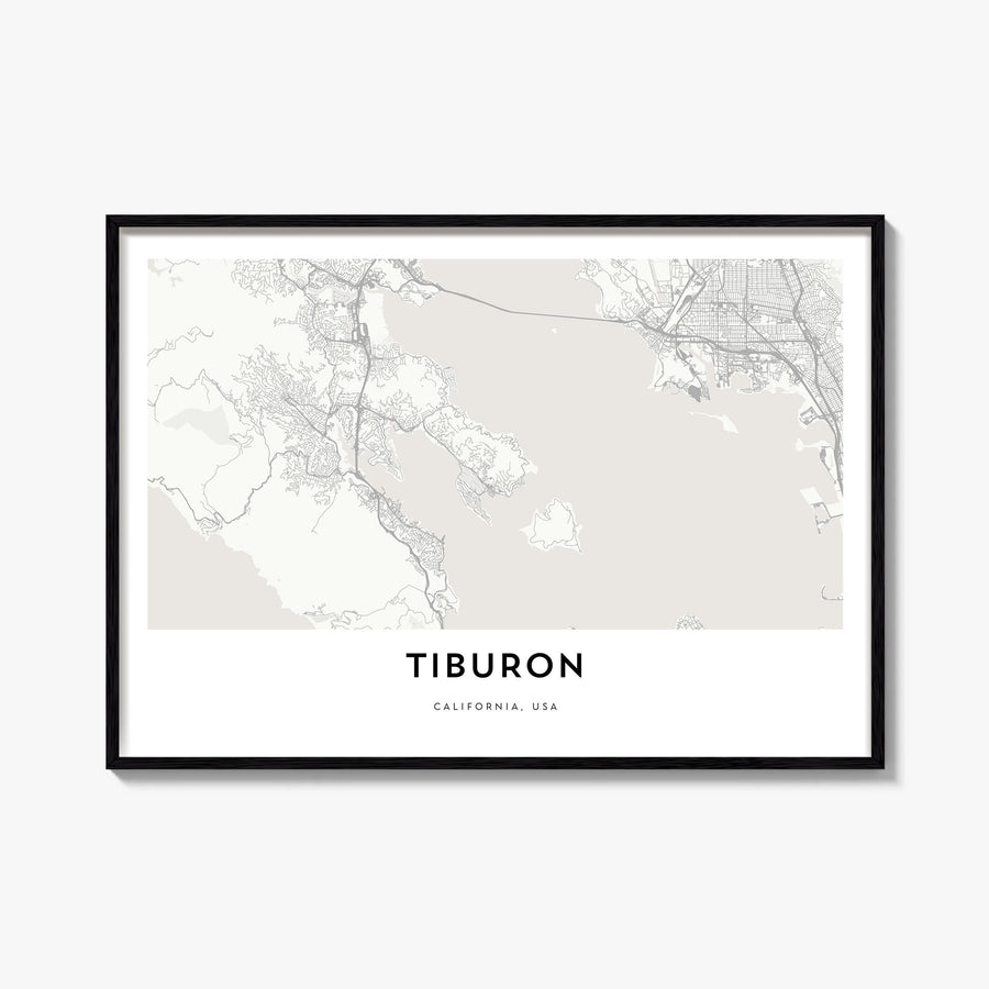 Tiburon black & white map poster of California, USA – horizontal wall art, unframed print shown in interior mockup