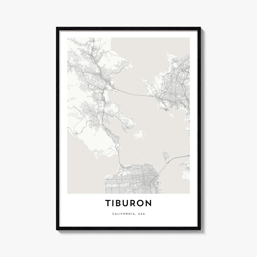 Tiburon black & white map poster of California, USA – vertical wall art, unframed print shown in interior mockup