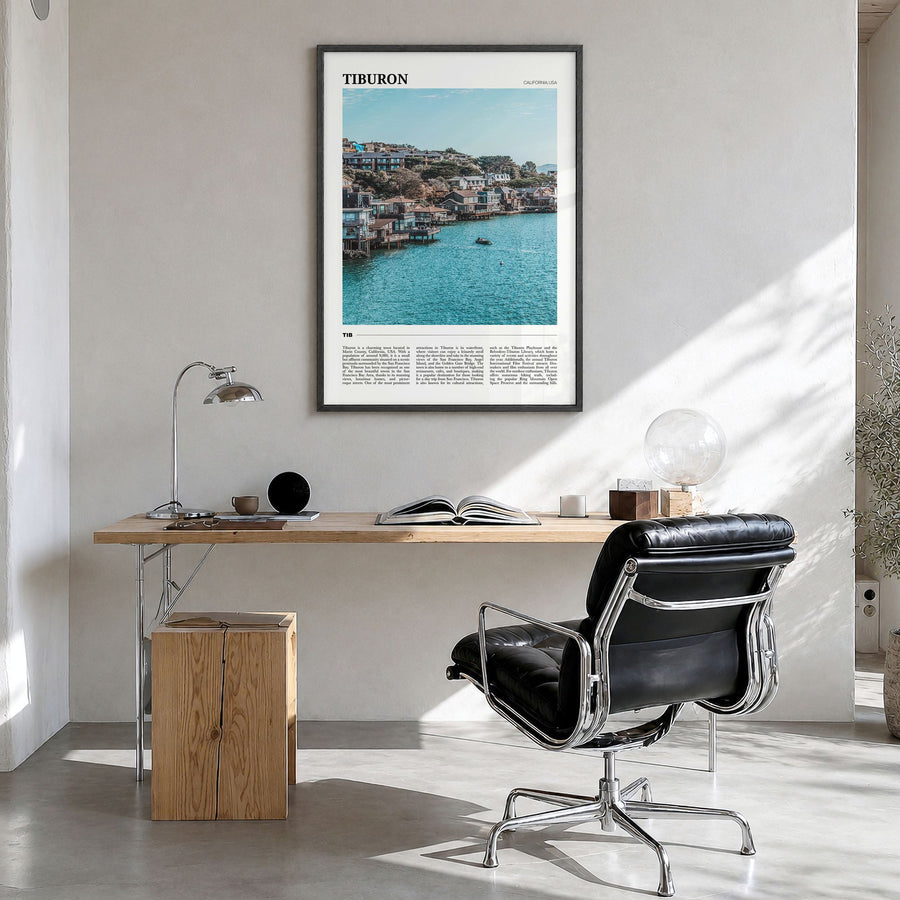 Tiburon Travel Poster in a black wood frame, hanging in a bright home office