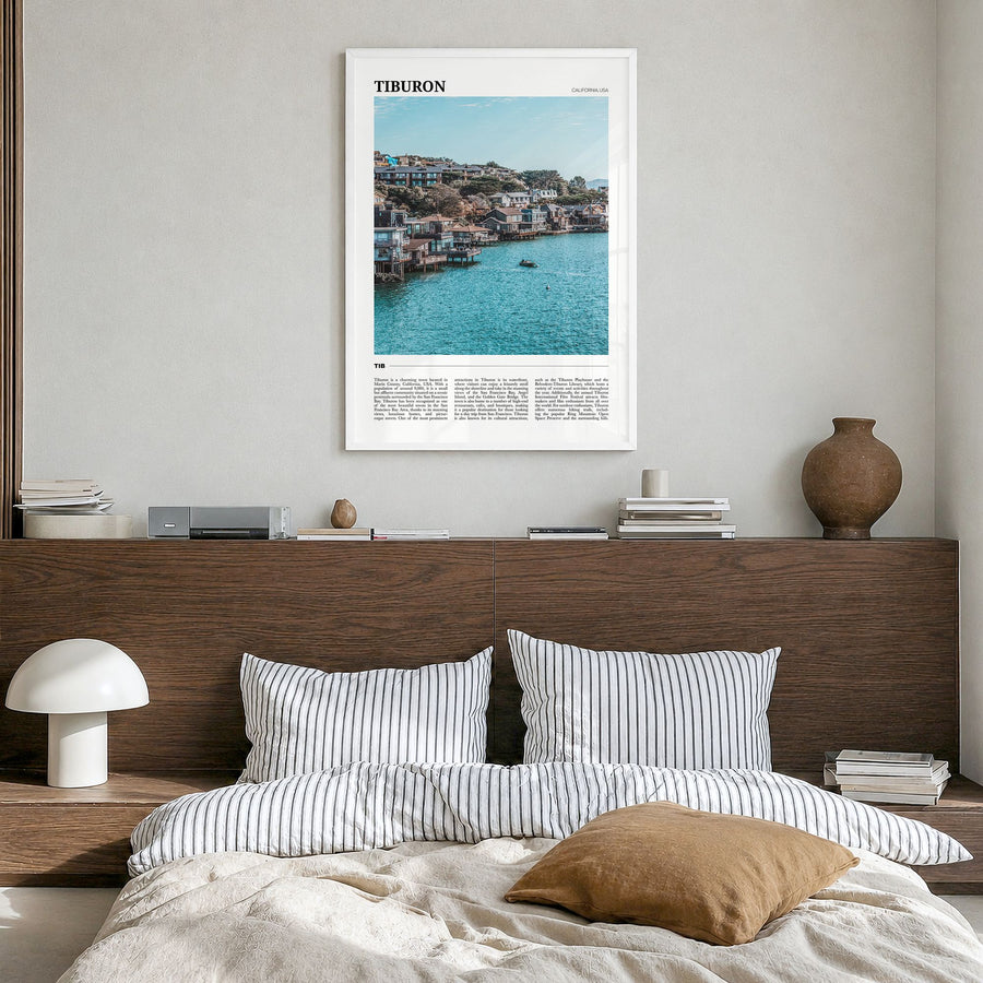 Tiburon Travel Poster in a white wood frame, hanging in a bedroom