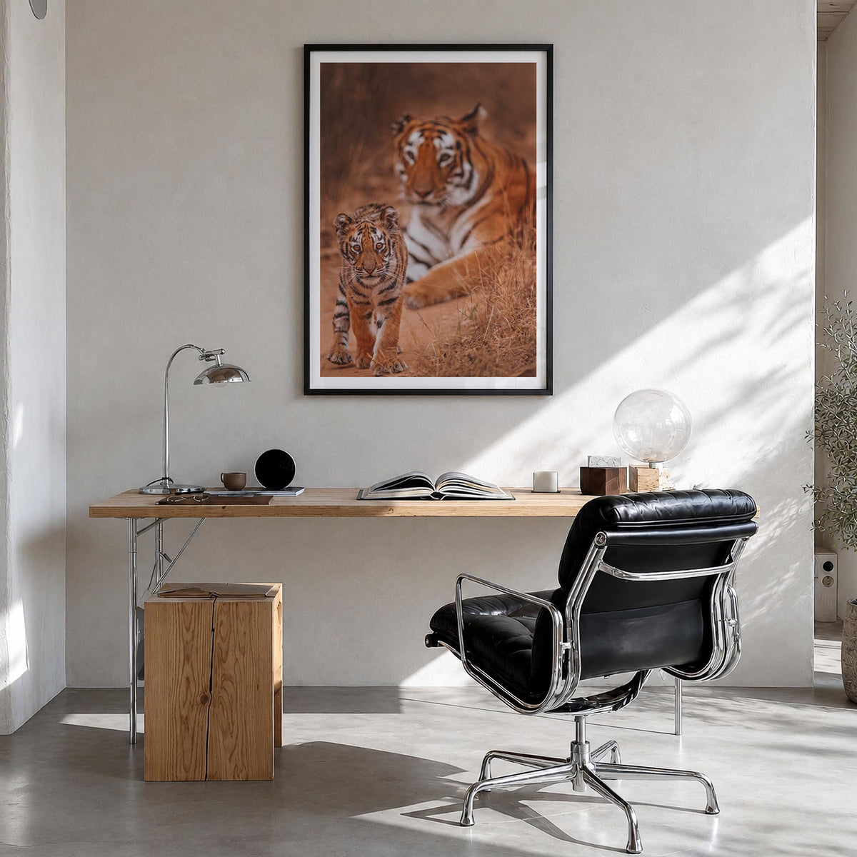 Tiger colorful photo poster – vertical wall art in black wood frame with white border, hanging on wall