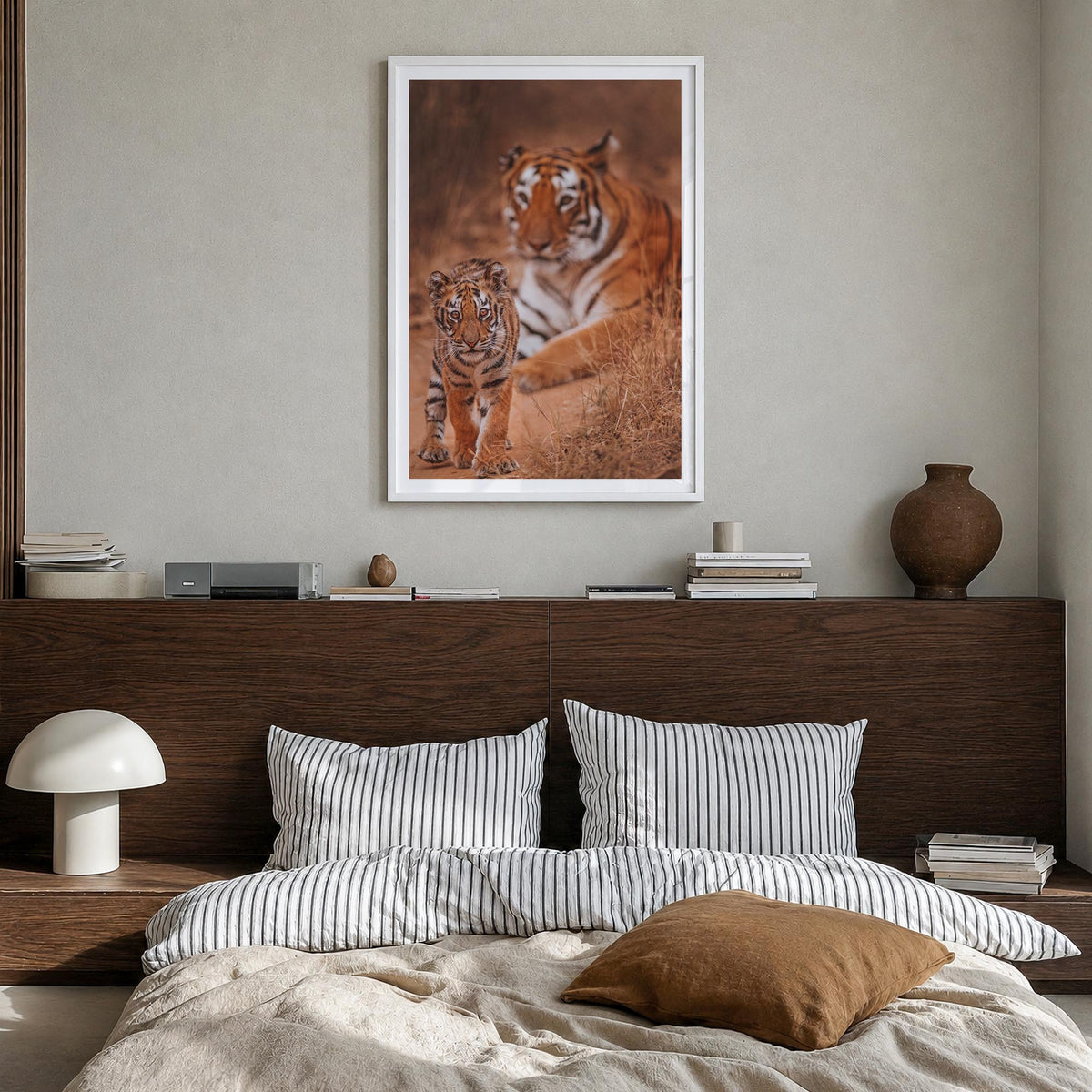 Tiger colorful photo poster – vertical wall art in white wood frame with white border, hanging on wall