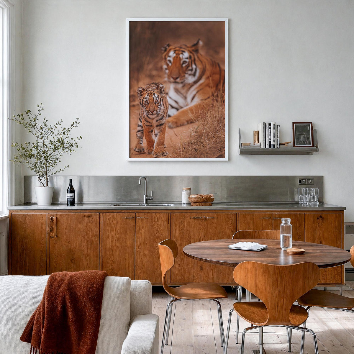 Tiger colorful photo poster – vertical wall art in white wood frame, hanging on wall