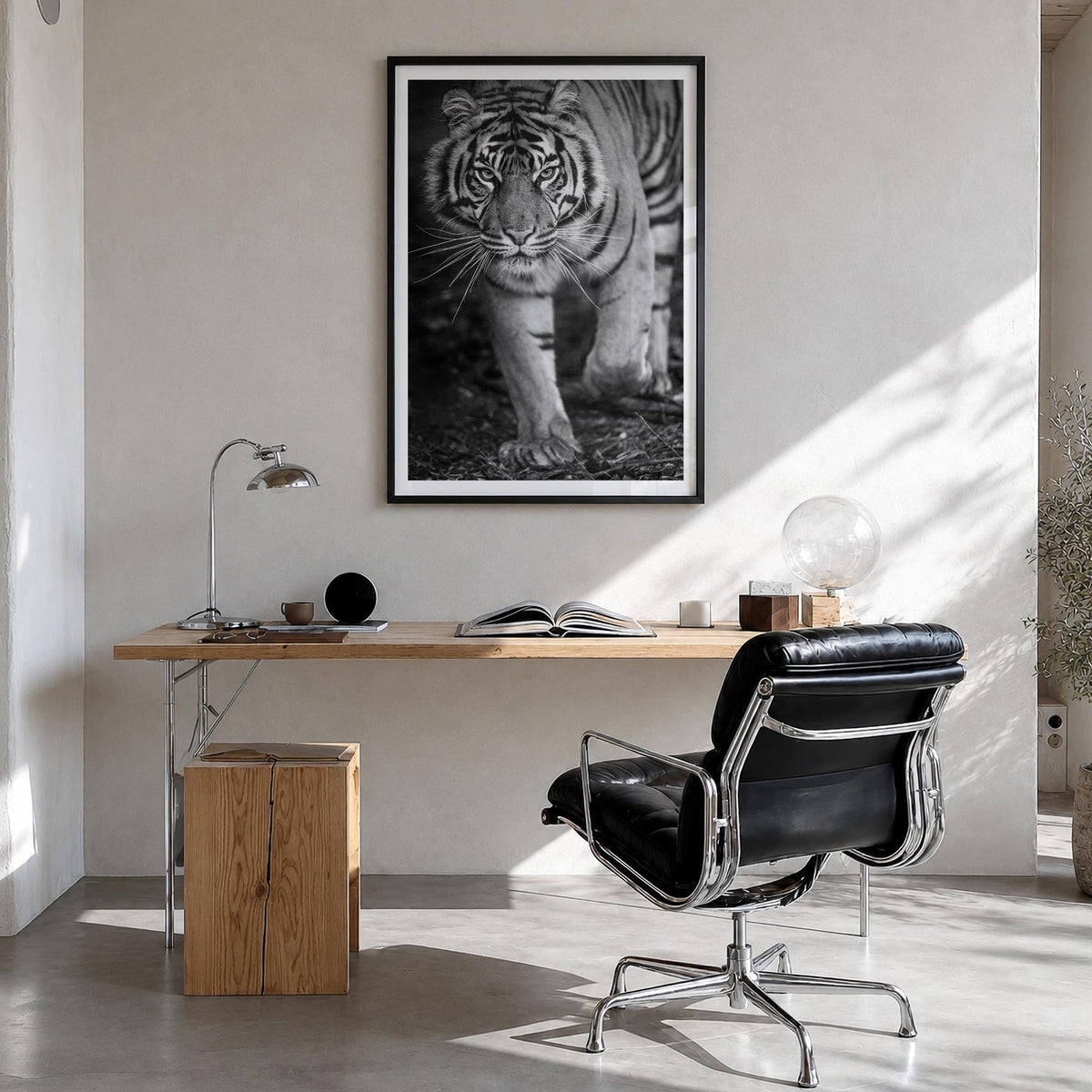 Tiger no. 2 black & white photo poster – vertical wall art in black wood frame with white border, hanging on wall