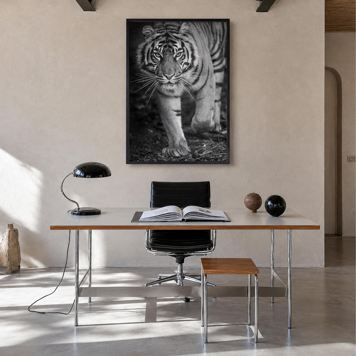 Tiger no. 2 black & white photo poster – vertical wall art in black wood frame, hanging on wall