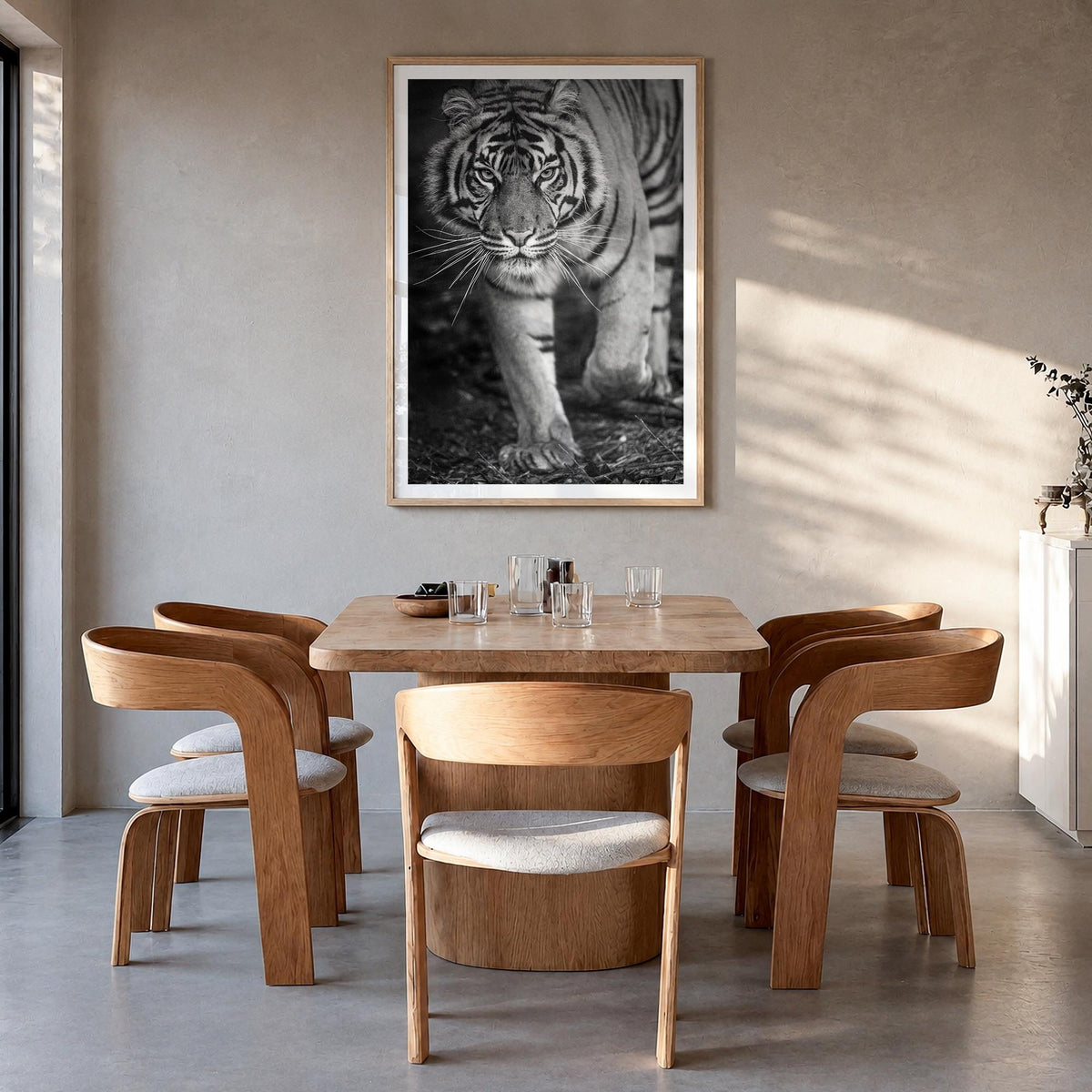 Tiger no. 2 black & white photo poster – vertical wall art in natural wood frame with white border, hanging on wall