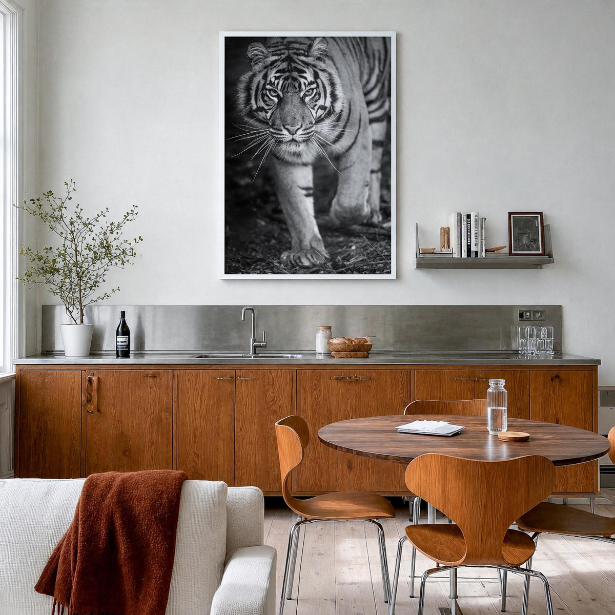 Tiger no. 2 black & white photo poster – vertical wall art in white wood frame, hanging on wall