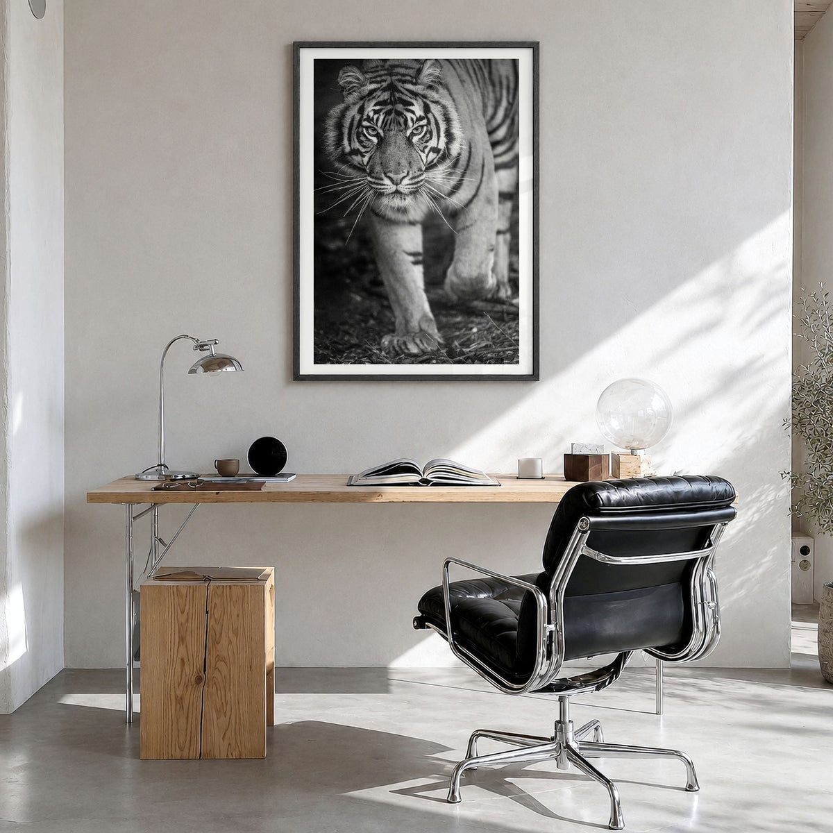 Tiger Photo No 2 Poster in a black wood frame, hanging in a bright home office, white border