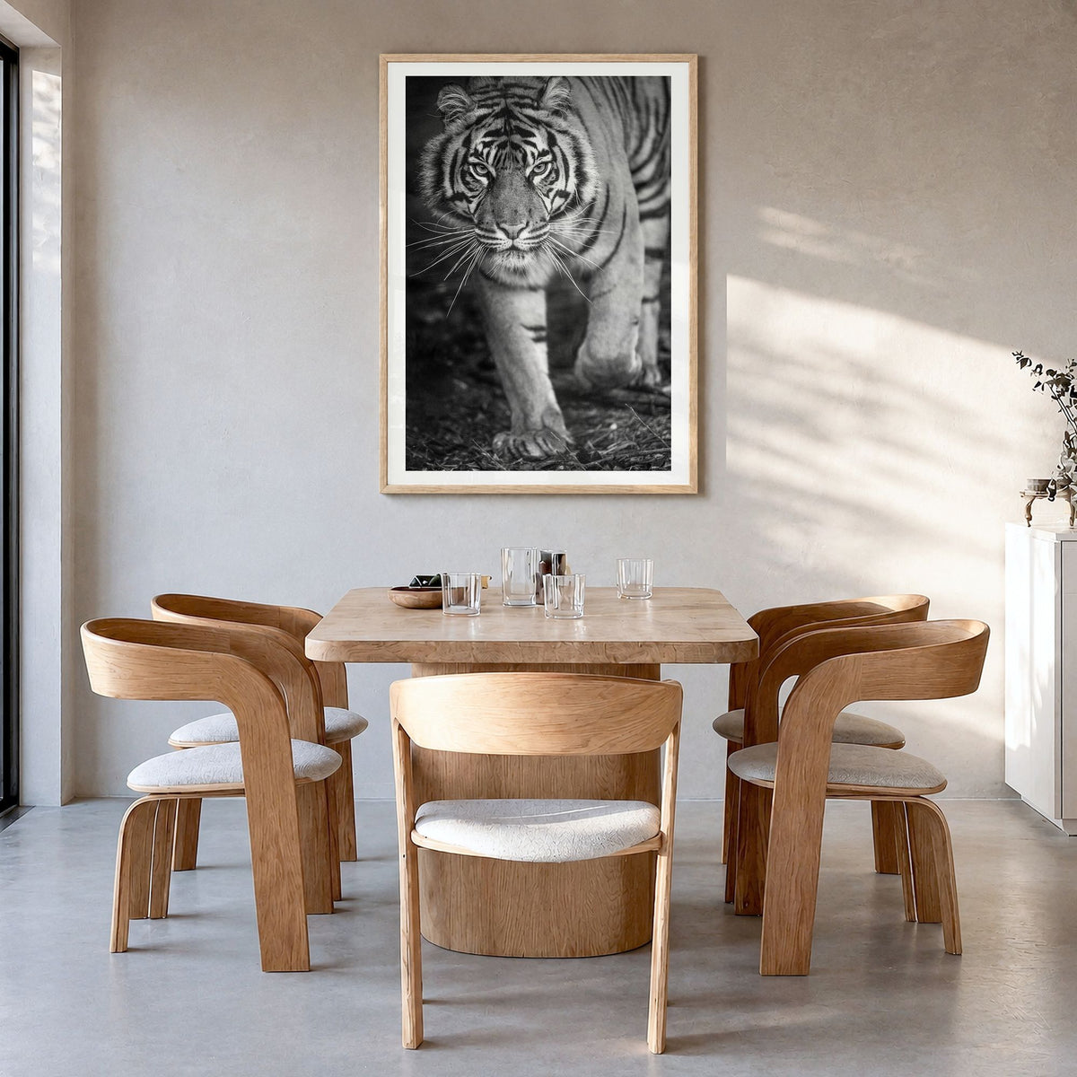Tiger Photo No 2 Poster in a natural wood frame, hanging in a dining room, white border