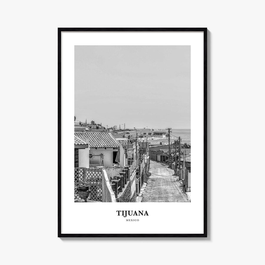 Tijuana black & white classic poster of Mexico – vertical wall art, unframed print shown in interior mockup