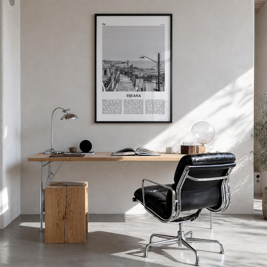 Tijuana black & white newspaper poster of Mexico – vertical wall art in black wood frame, hanging on wall
