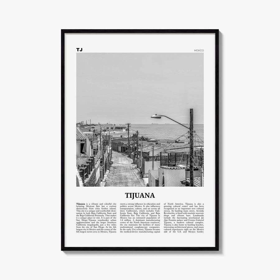 Tijuana black & white newspaper poster of Mexico – vertical wall art, unframed print shown in interior mockup