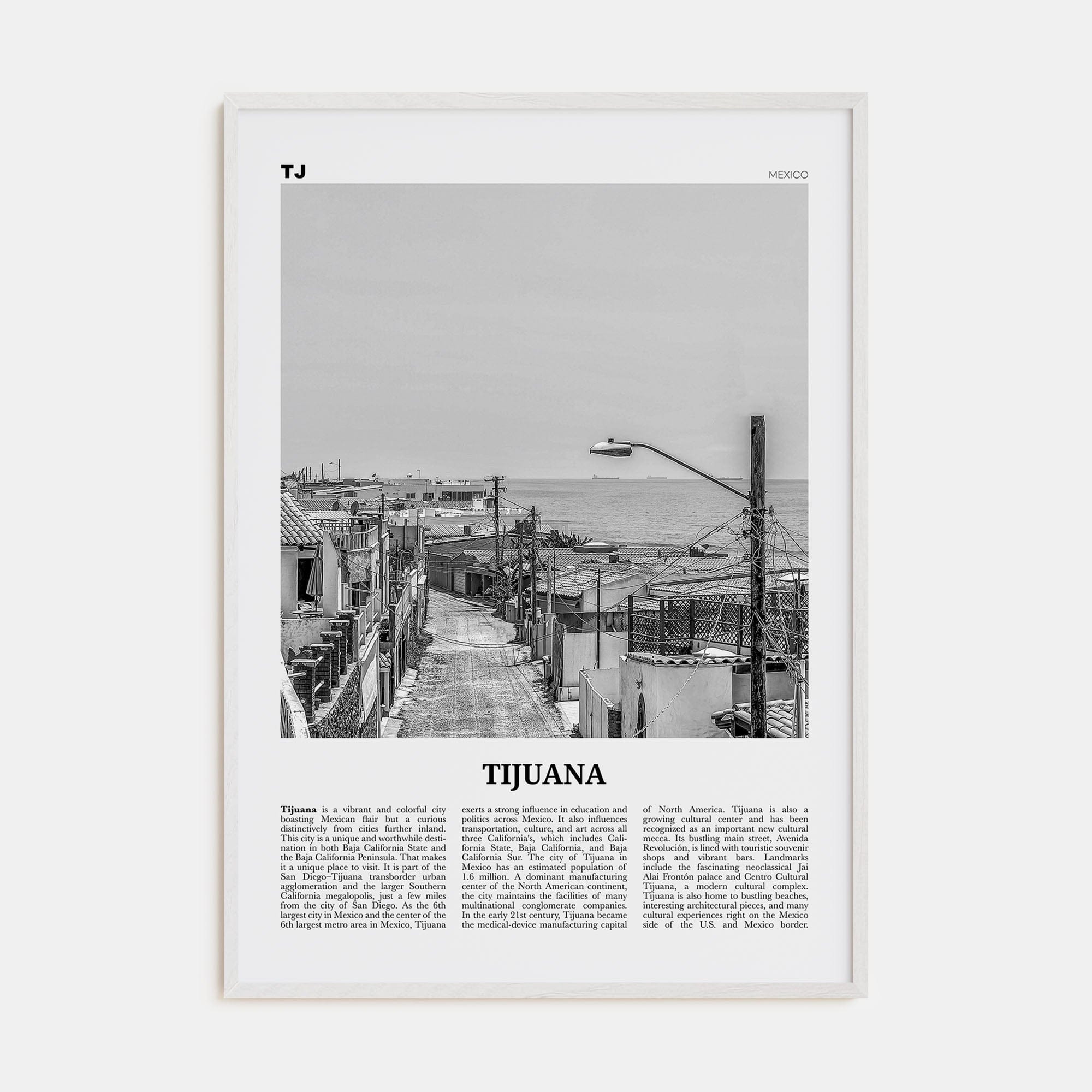 Tijuana Poster White Wood / 8x12 in Nbourhood Travel B&W Poster