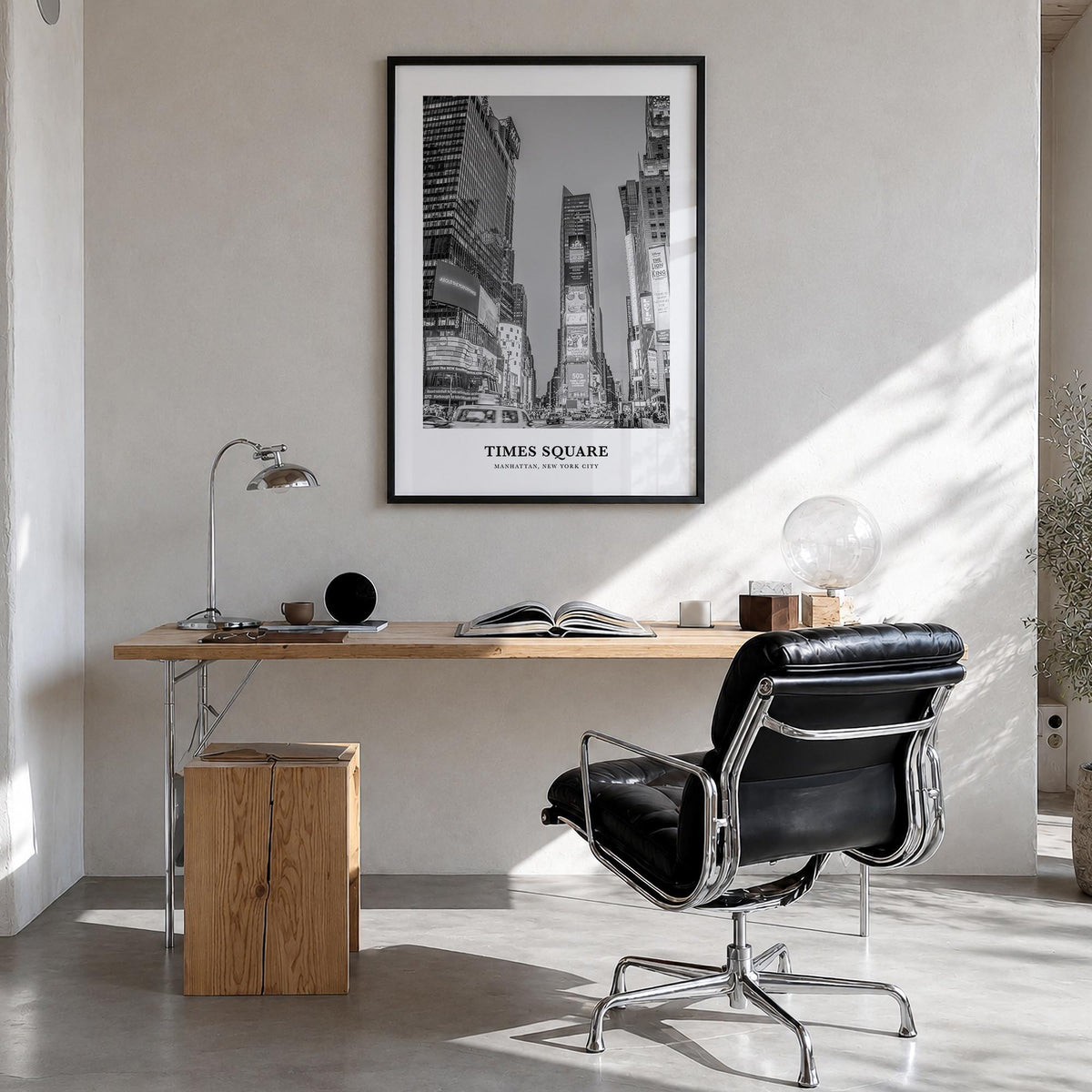 Times Square black & white classic poster of New York, USA – vertical wall art in black wood frame, hanging on wall