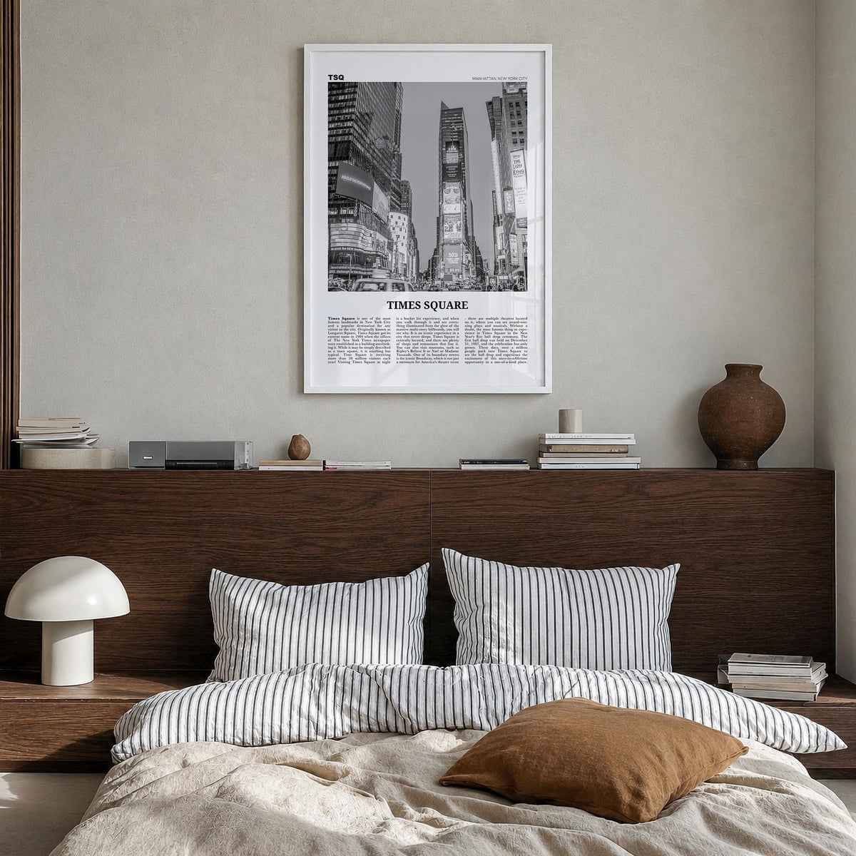 Times Square black & white newspaper poster of New York, USA – vertical wall art in white wood frame, hanging on wall