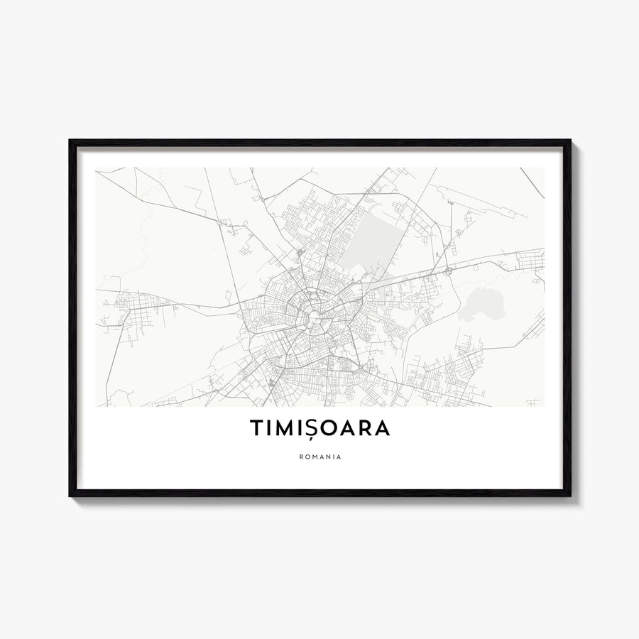 Timișoara black & white map poster of Romania – horizontal wall art, unframed print shown in interior mockup