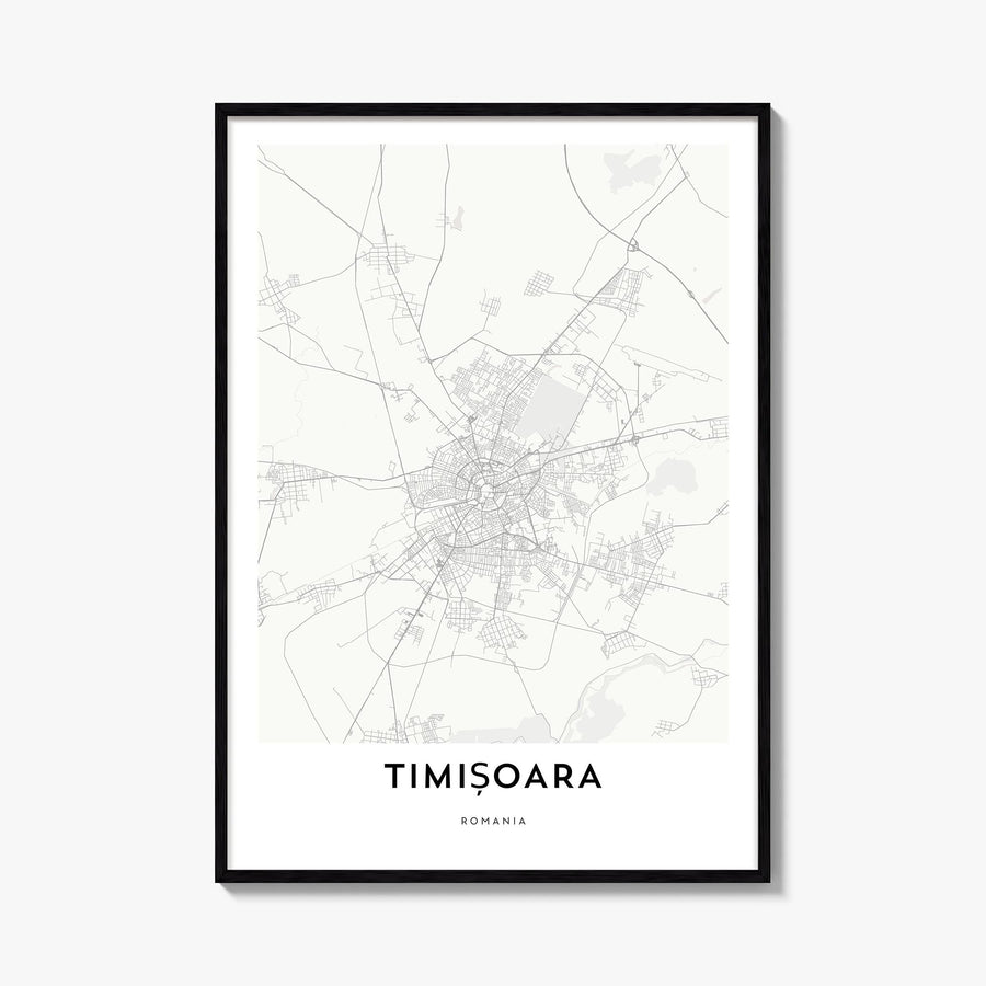 Timișoara black & white map poster of Romania – vertical wall art, unframed print shown in interior mockup