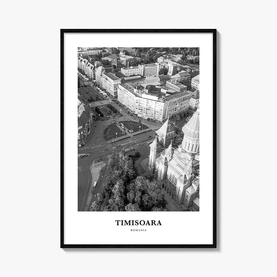 Timișoara no. 1 black & white classic poster of Romania – vertical wall art, unframed print shown in interior mockup