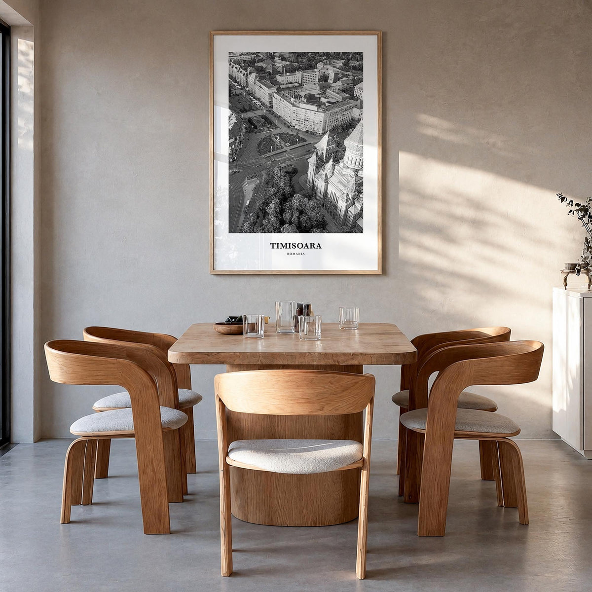 Timișoara no. 1 black & white classic poster of Romania – vertical wall art in natural wood frame, hanging on wall