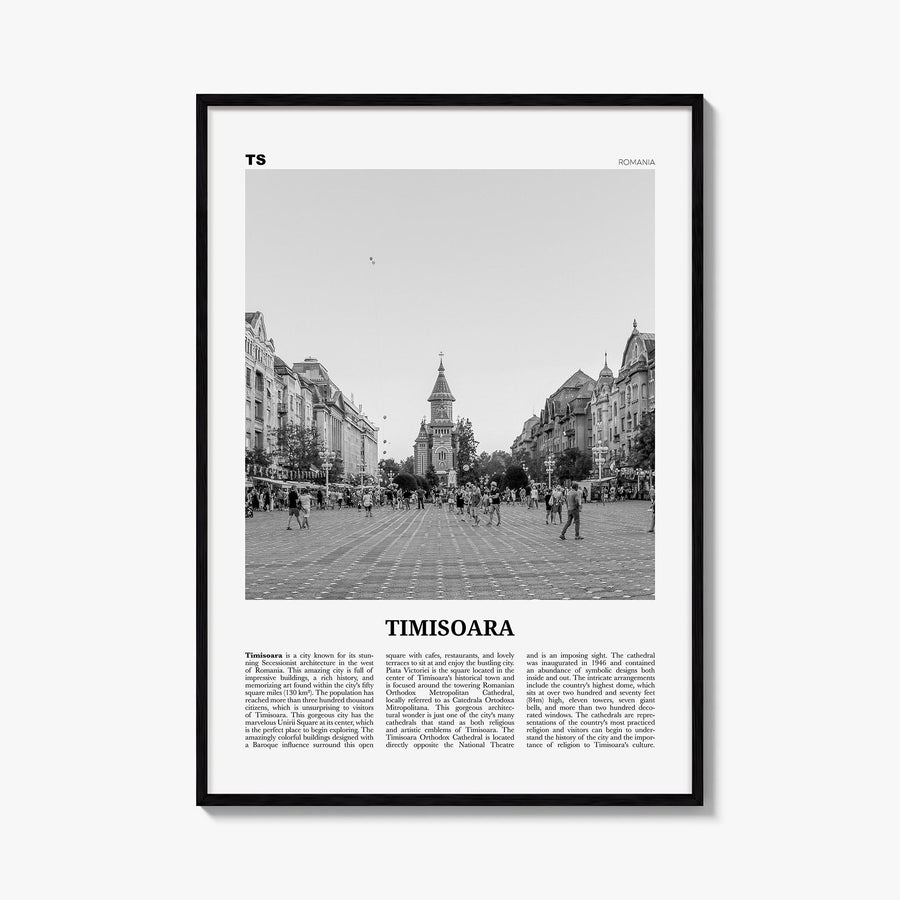Timișoara no. 1 black & white newspaper poster of Romania – vertical wall art, unframed print shown in interior mockup