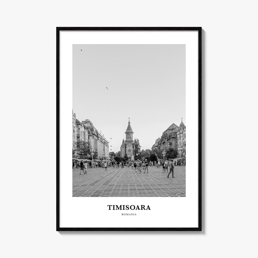 Timișoara no. 2 black & white classic poster of Romania – vertical wall art, unframed print shown in interior mockup