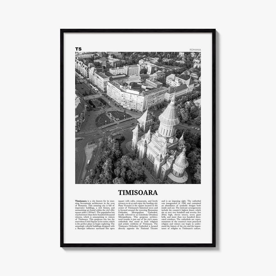 Timișoara no. 2 black & white newspaper poster of Romania – vertical wall art, unframed print shown in interior mockup