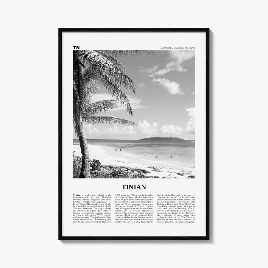 Tinian black & white newspaper poster of Northern Mariana Islands – vertical wall art, unframed print shown in interior mocku