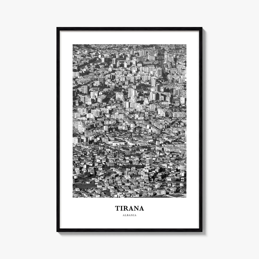 Tirana black & white classic poster of Albania – vertical wall art, unframed print shown in interior mockup