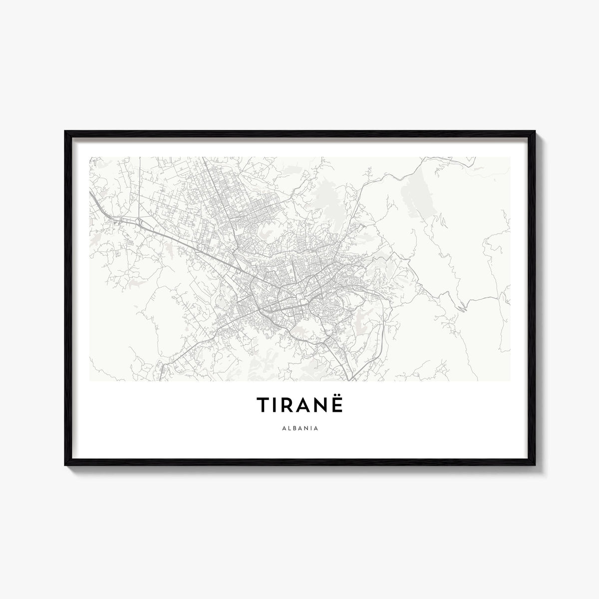 Tirana black & white map poster of Albania – horizontal wall art, unframed print shown in interior mockup