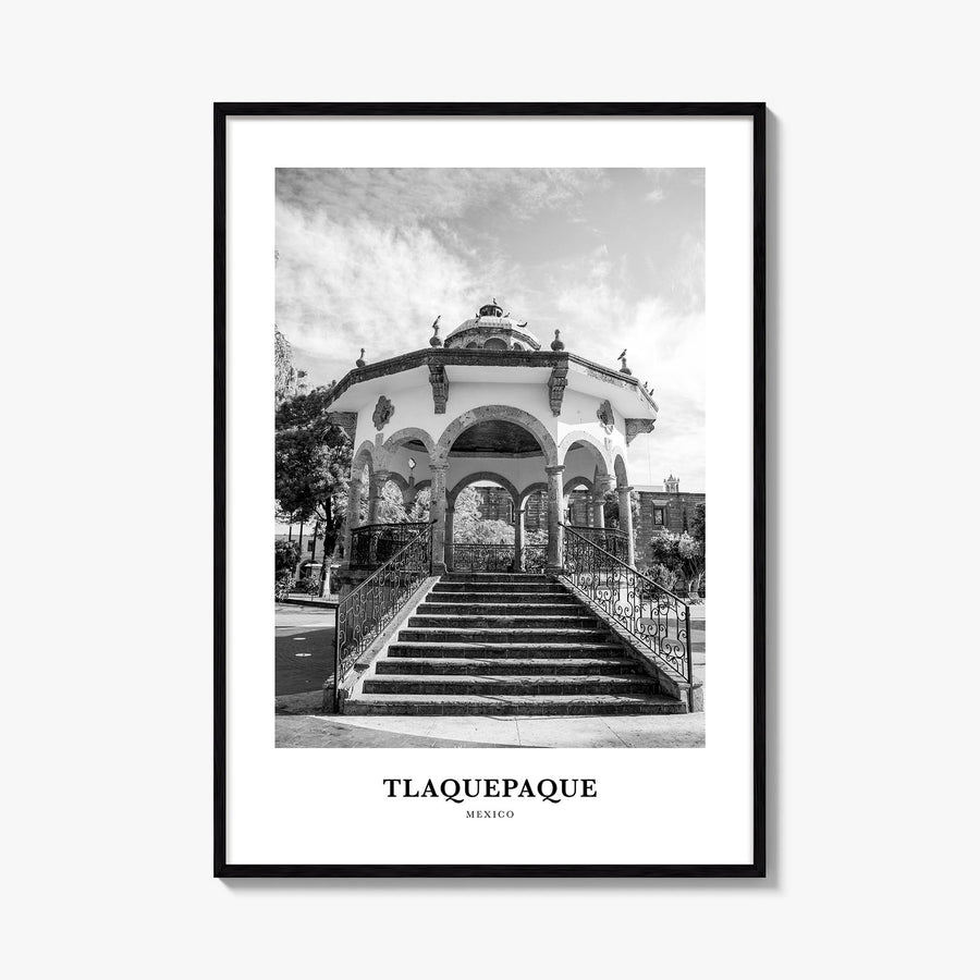 Tlaquepaque black & white classic poster of Mexico – vertical wall art, unframed print shown in interior mockup
