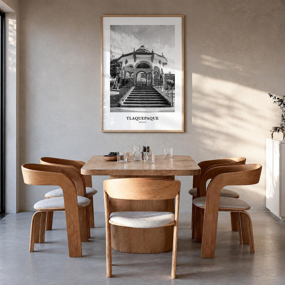 Tlaquepaque black & white classic poster of Mexico – vertical wall art in natural wood frame, hanging on wall