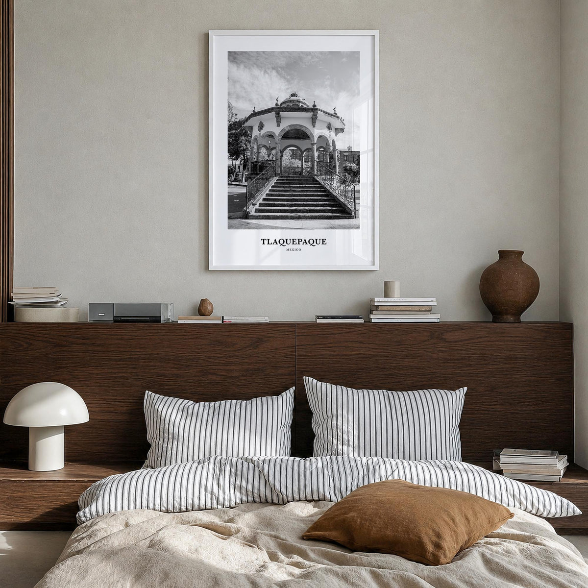 Tlaquepaque black & white classic poster of Mexico – vertical wall art in white wood frame, hanging on wall