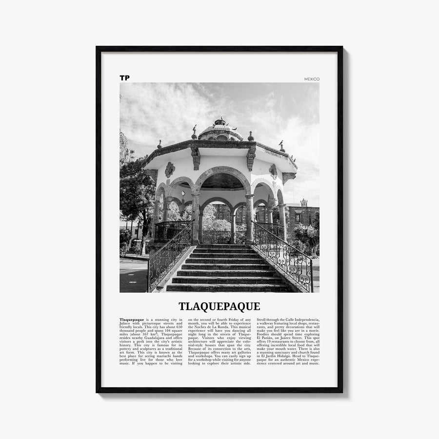 Tlaquepaque black & white newspaper poster of Mexico – vertical wall art, unframed print shown in interior mockup