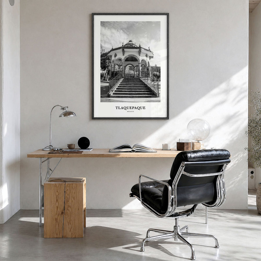 Tlaquepaque Classic Poster in a black wood frame, hanging in a bright home office