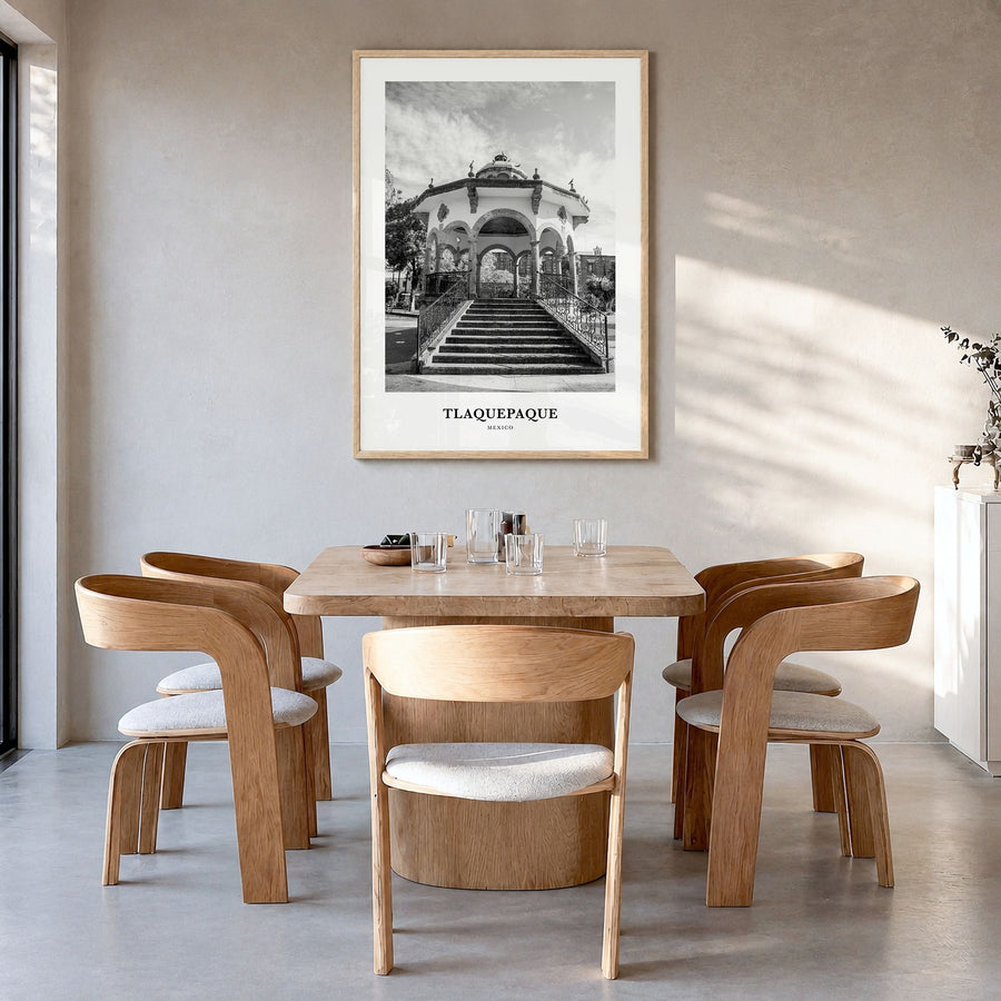 Tlaquepaque Classic Poster in a natural wood frame, hanging in a dining room