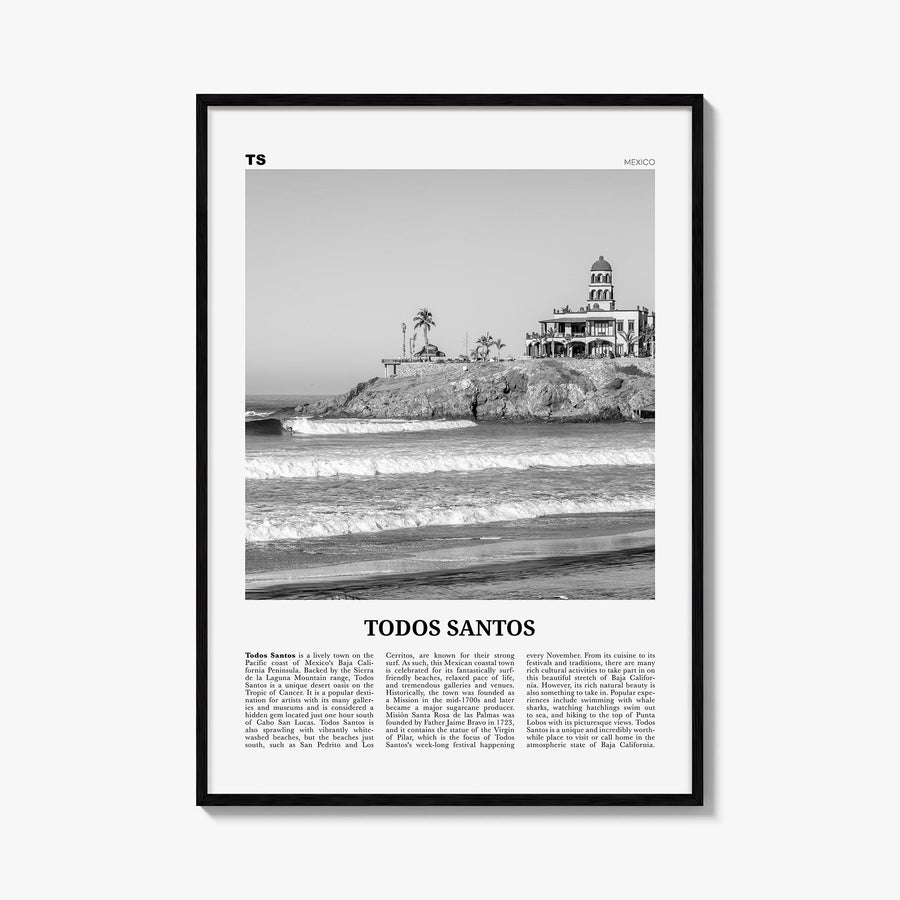 Todos Santos black & white newspaper poster of Mexico – vertical wall art, unframed print shown in interior mockup
