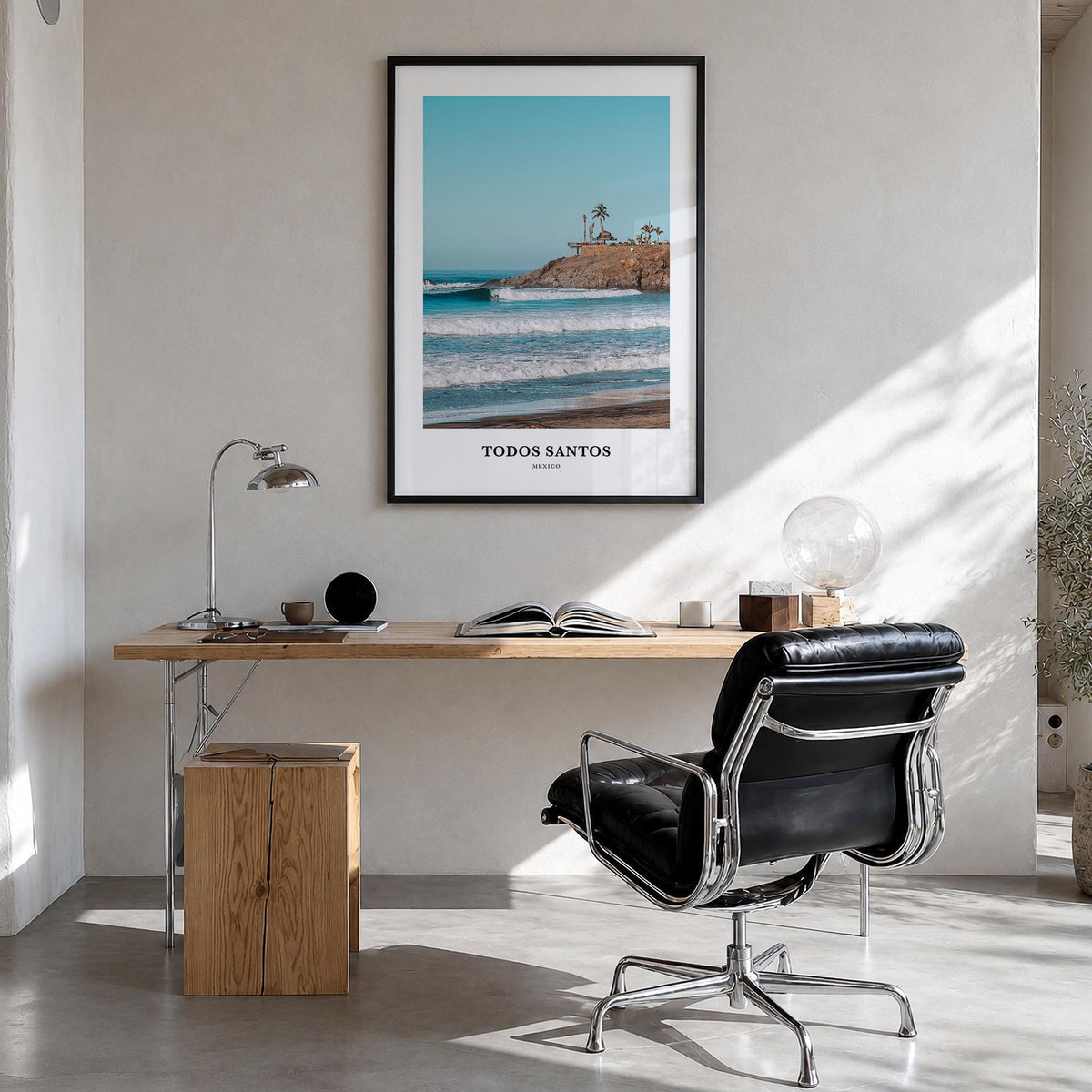 Todos Santos colorful classic poster of Mexico – vertical wall art in black wood frame, hanging on wall