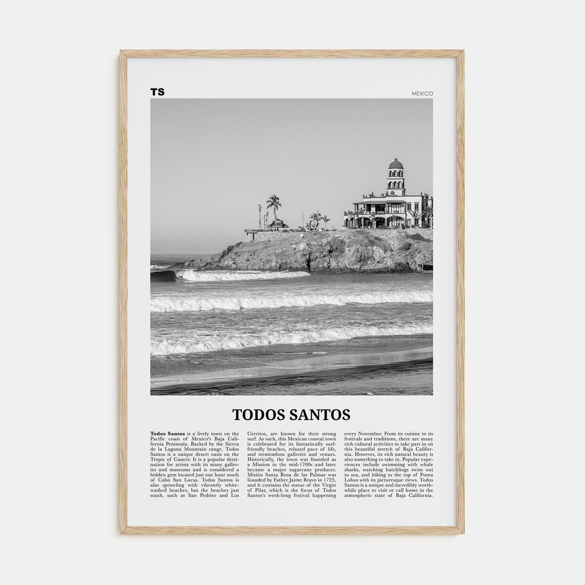 Todos Santos Poster Natural Wood / 8x12 in Nbourhood Travel B&W Poster